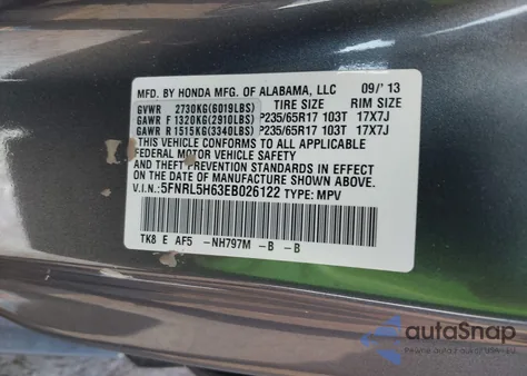 2014 Honda Odyssey Ex-L from USA, damaged, VIN 5FNRL5H63EB026122